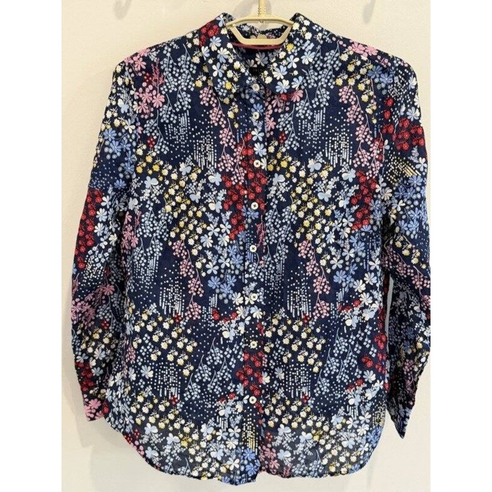 Talbots Navy Blue All Over Floral Long Sleeve Button Front Shirt Large Pet Lp